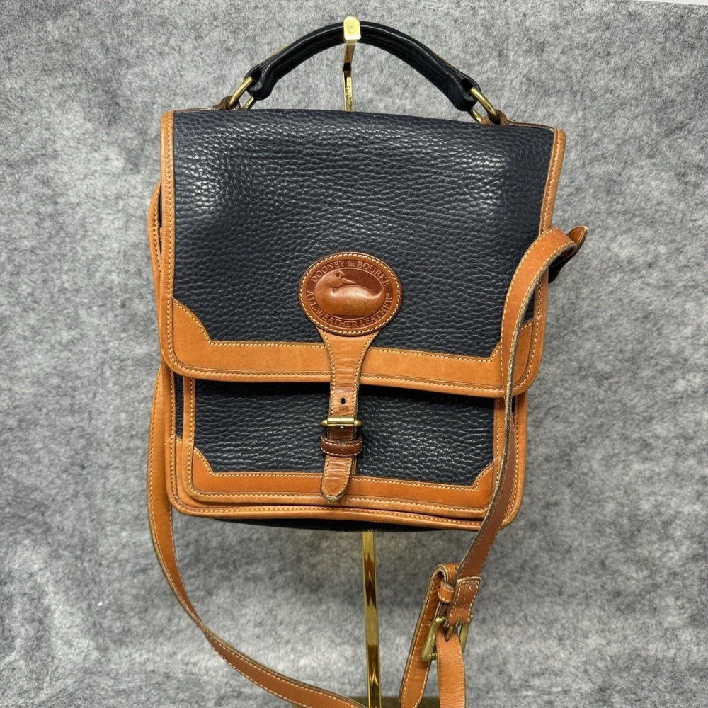 Vtg Dooney & Bourke AWL Surrey Crossbody Bag 90s Leather Square Blue Tan Saddle